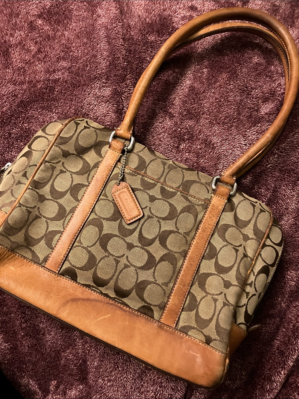 Coach Brown Signature Canvas Shoulder Bag with Tan Leather Trim